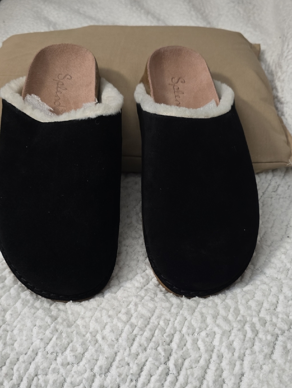 Splendid Black Suede Shearling-Lined Slip-On Slippers